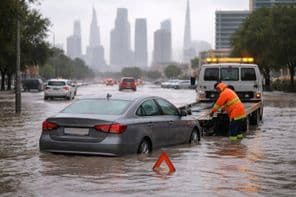 Voiture sur rue inondée à Dubaï
