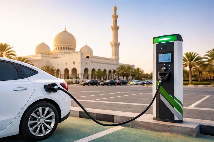 Recharge électrique dans un parking de mosquée