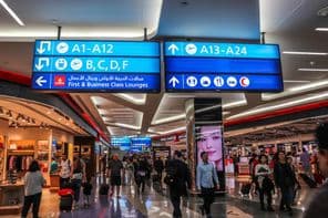 Des passagers marchant vers les portes d'embarquement à l'aéroport international de Dubaï